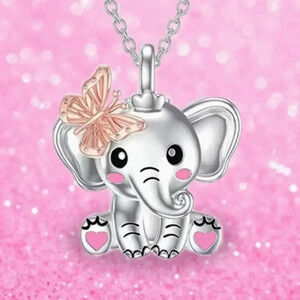 Cute Elephant & Pink Butterfly Unique Exquisite Animal Pendant Charm Necklace